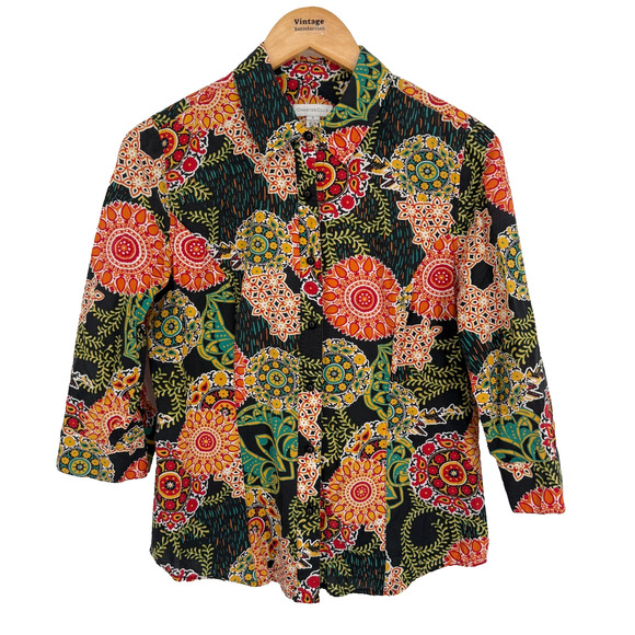Charter Club Womens Shirt 8 Multicolor Floral Cotton Button Up Boho Retro Print - Picture 1 of 6